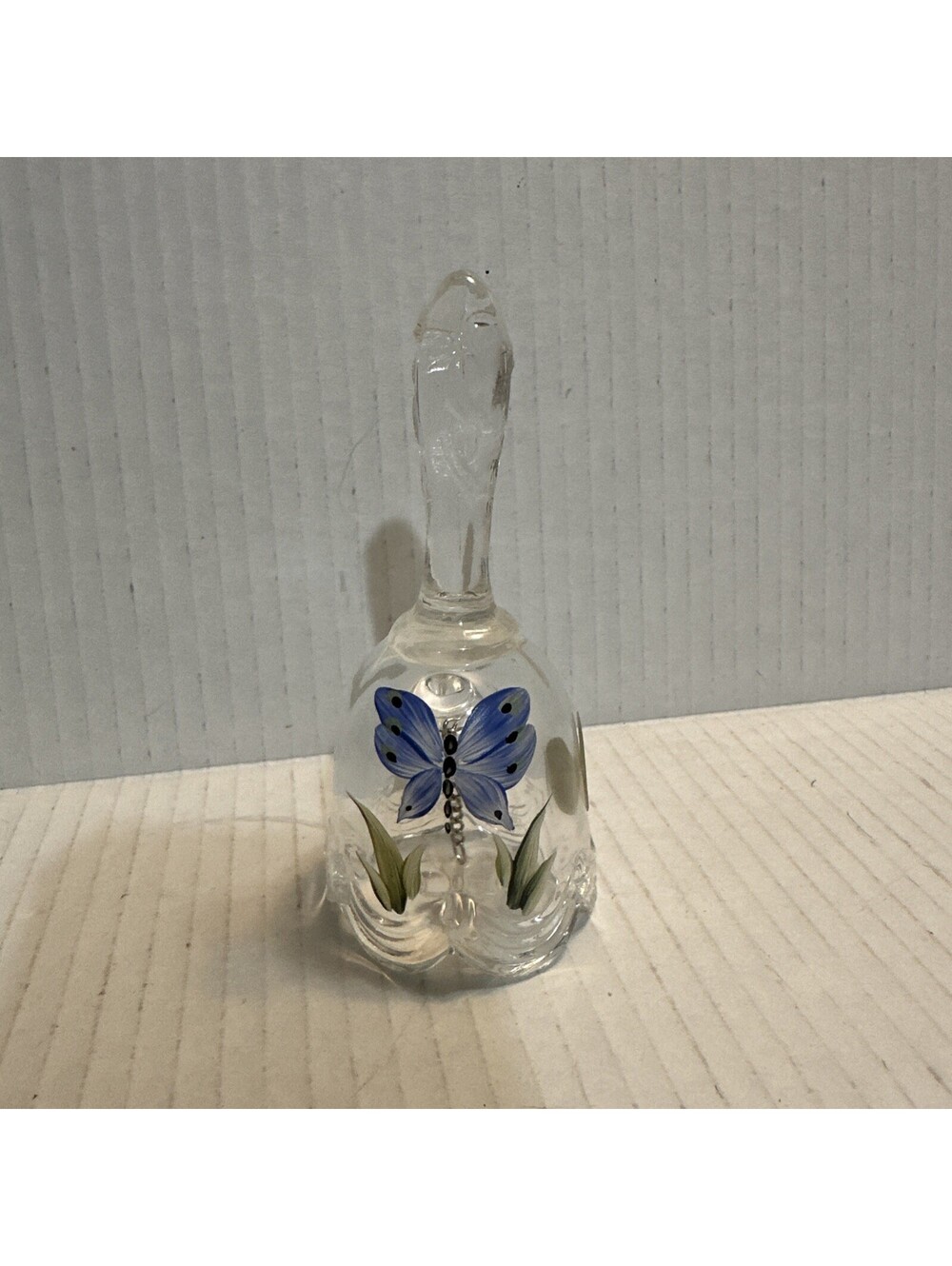 Vtg Fenton Clear Glass Bell Hand painted Blue Butterfly Signed Made In USA